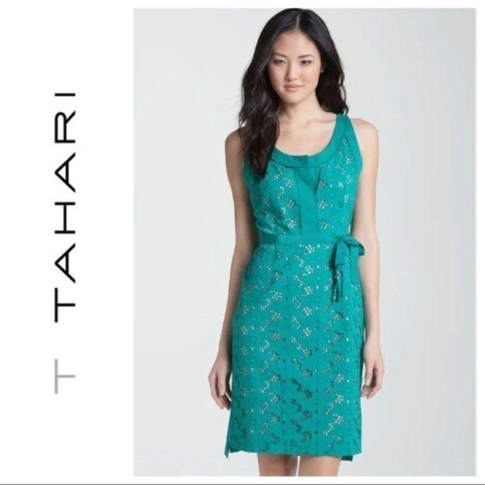 T Tahari Eyelet Lace Pattern Teal Green Dress